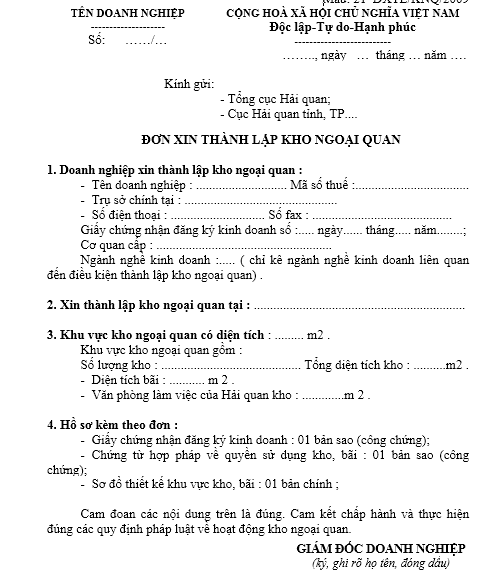 Mẫu đơn xin thành lập kho ngoại quan