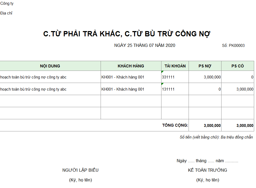 Mẫu chứng từ phải trả, chứng từ bù trừ công nợ