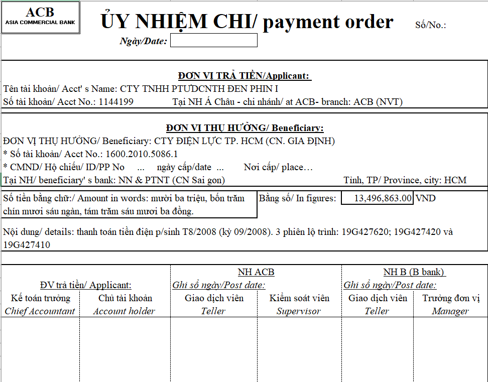 Mẫu giấy ủy nhiệm chi ngân hàng Agribank