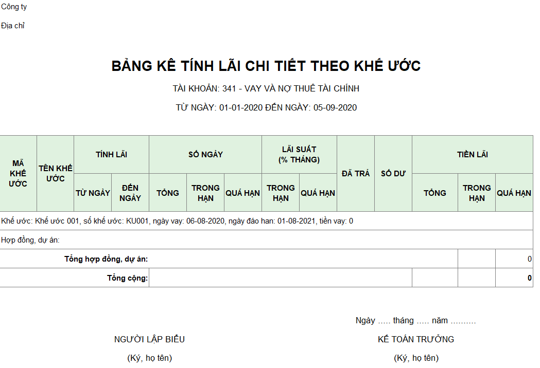 Mẫu bảng kê tính lãi chi tiết theo khế ước