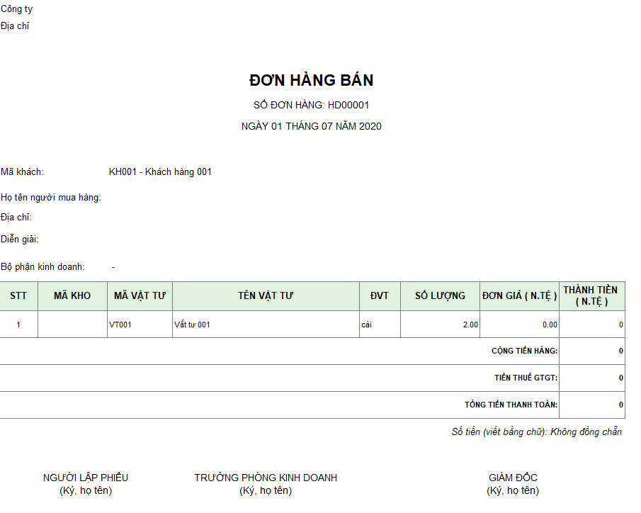 Mẫu đơn hàng bán ( Ngoại tệ )