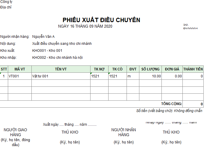 Mẫu phiếu xuất điều chuyển