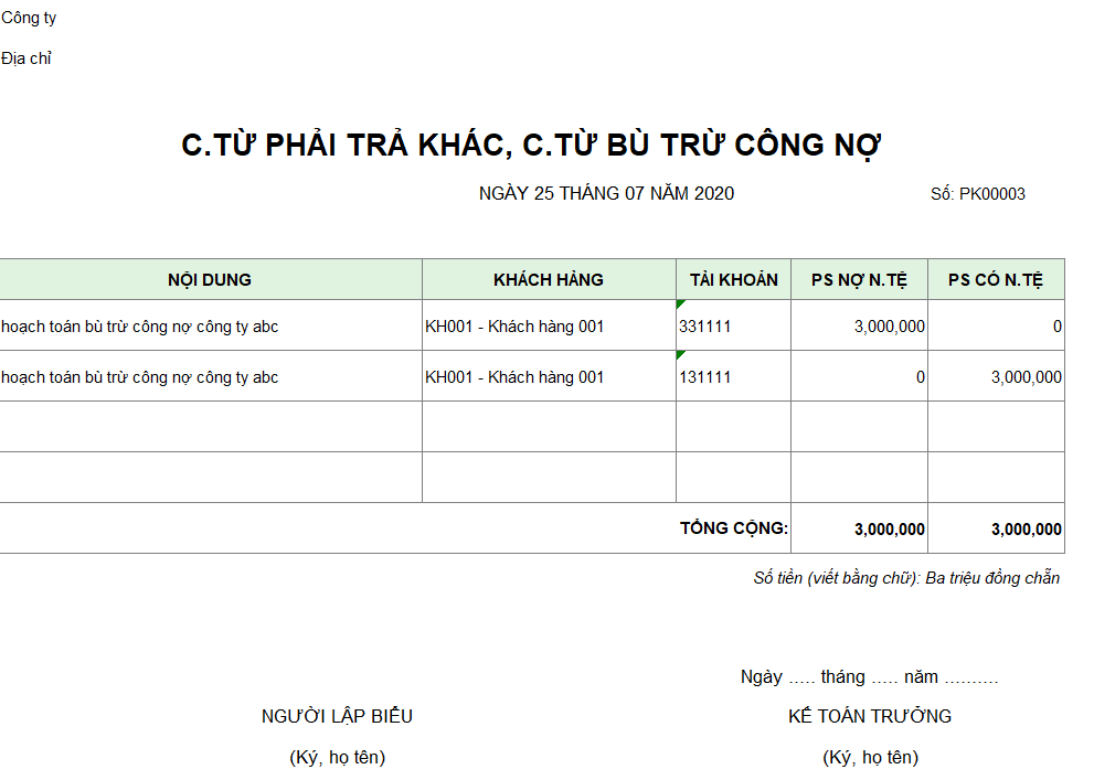 Mẫu chứng từ phải trả, chứng từ bù trừ công nợ ( Ngoại tệ )