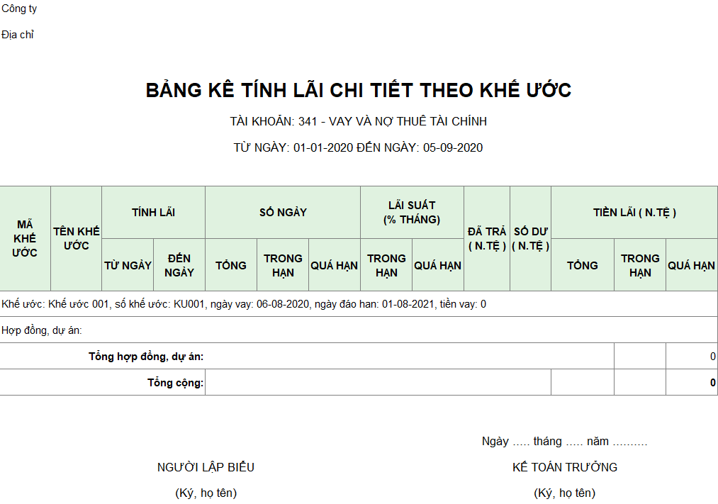 Mẫu bảng kê tính lãi chi tiết theo khế ước ( Ngoại tệ )