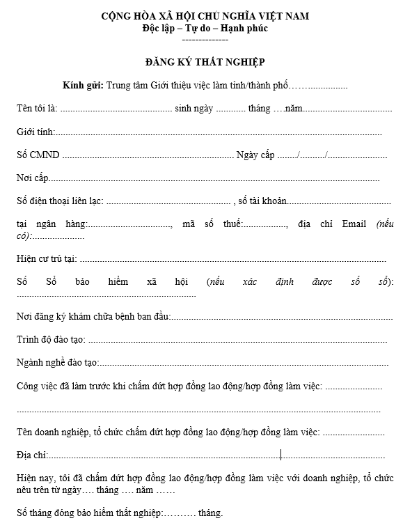 Mẫu tờ khai đăng ký thất nghiệp