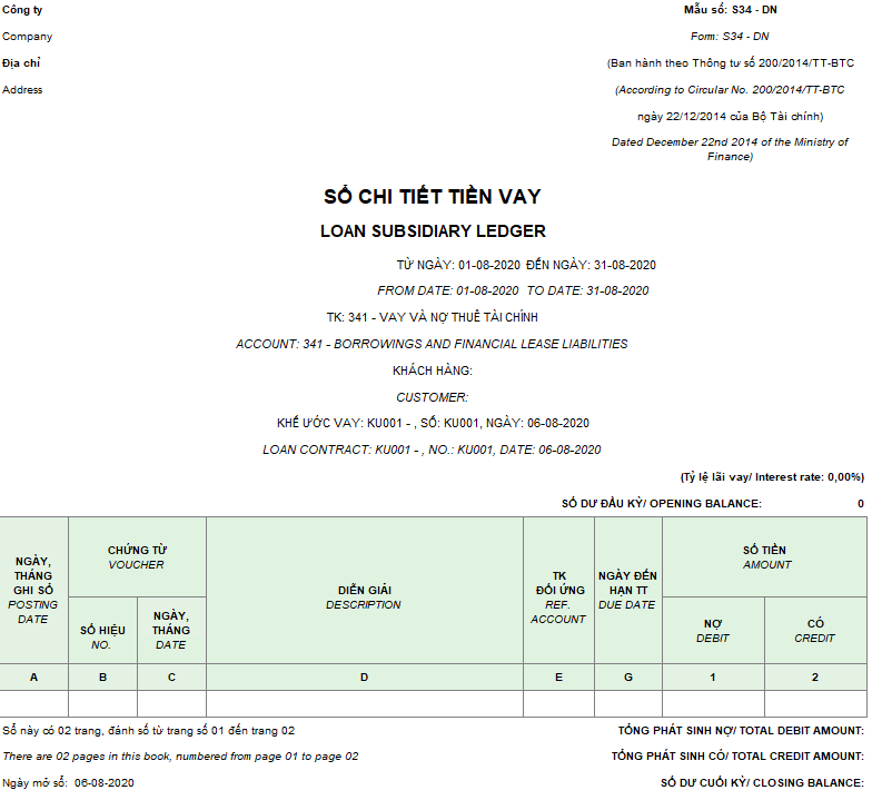 Mẫu sổ chi tiết tiền vay ( Song ngữ ) theo TT200