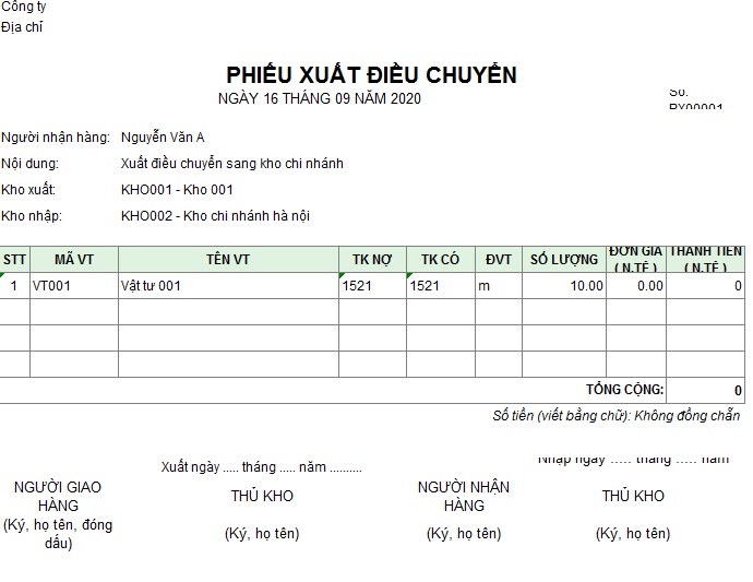 Mẫu phiếu xuất điều chuyển ( Ngoại tệ )