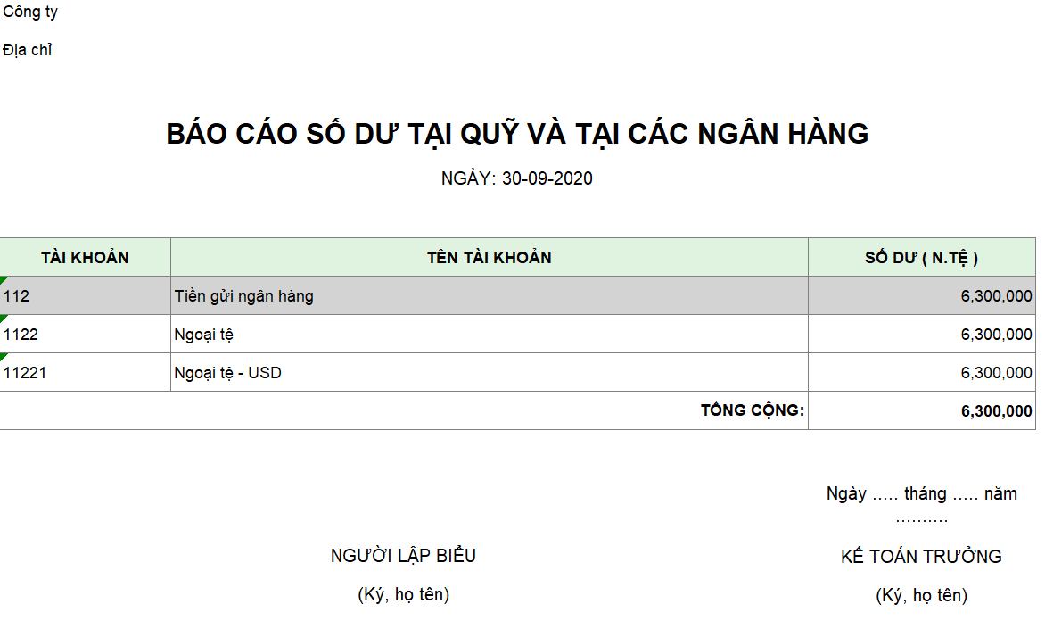 Mẫu báo cáo số dư tại quỹ và tại các ngân hàng ( Ngoại tệ )
