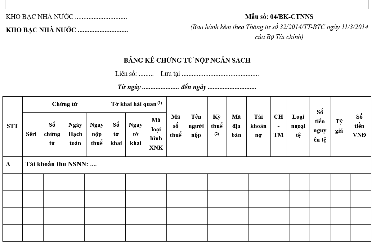 Mẫu số: 04/BK-CTNNS - Bảng kê chứng từ nộp ngân sách