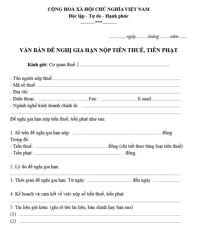 Mẫu văn bản đề nghị gia hạn nộp tiền thuế, tiền phạt - Mẫu số 01/GHAN