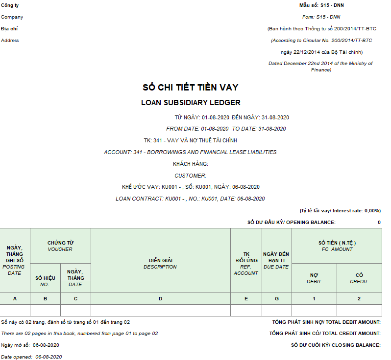 Mẫu sổ chi tiết tiền vay ( Song ngữ - Ngoại tệ ) theo TT 133