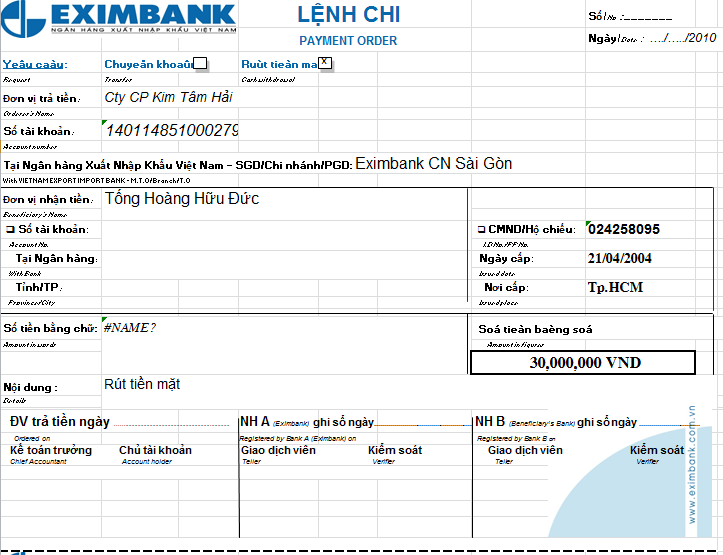 Mẫu giấy lệnh chi ngân hàng EXIMBANK