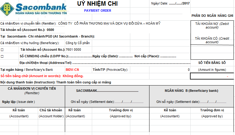 Mẫu giấy ủy nhiệm chi ngân hàng Sacombank