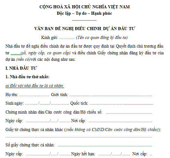 Mẫu văn bản đề nghị điều chỉnh dự án đầu tư