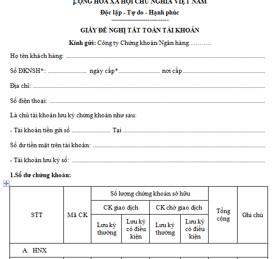 Mẫu giấy đề nghị tất toán tài khoản chứng khoán