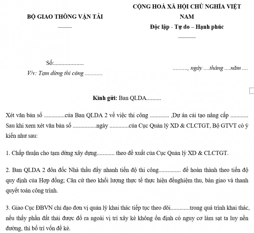 Mẫu công văn dừng thi công