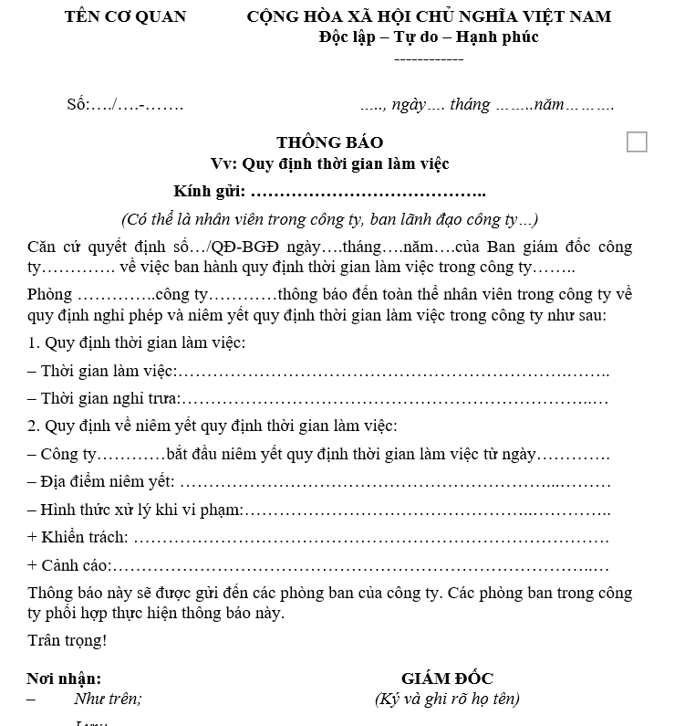 Mẫu thông báo quy định thời gian làm việc