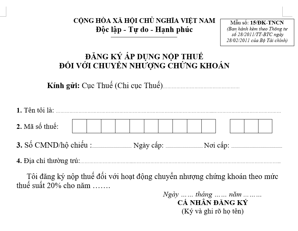 Mẫu đăng ký áp dụng nộp thuế đối với chuyển nhượng chứng khoán