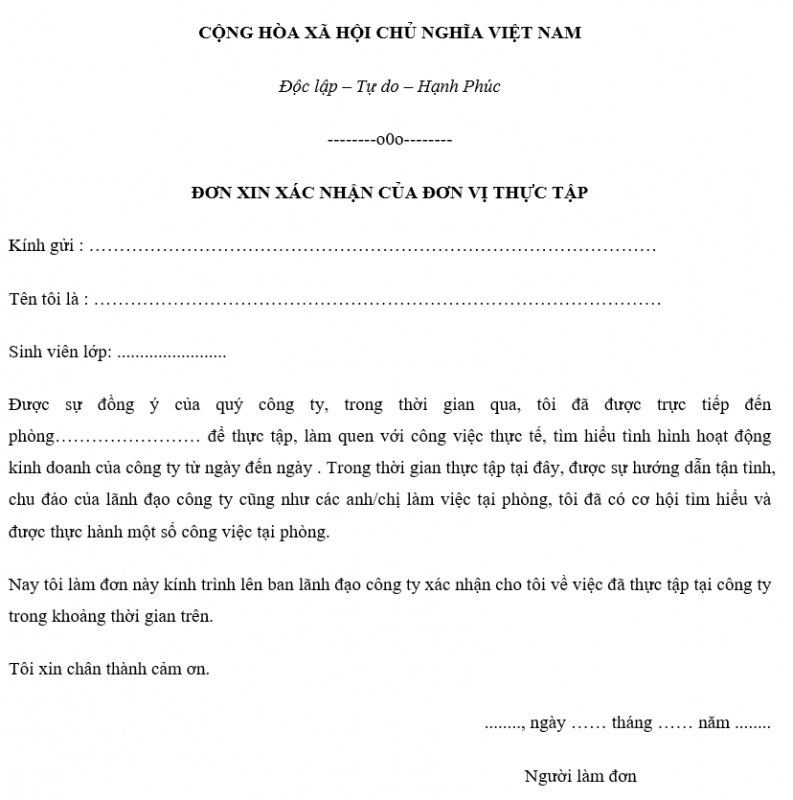 Mẫu giấy xác nhận thực tập