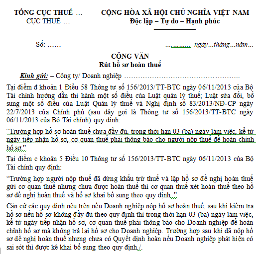 Mẫu công văn rút hồ sơ hoàn thuế