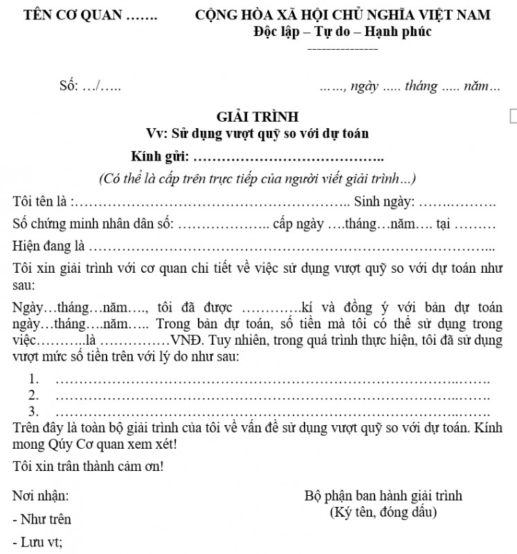 Mẫu giải trình sử dụng vượt quỹ so với dự toán