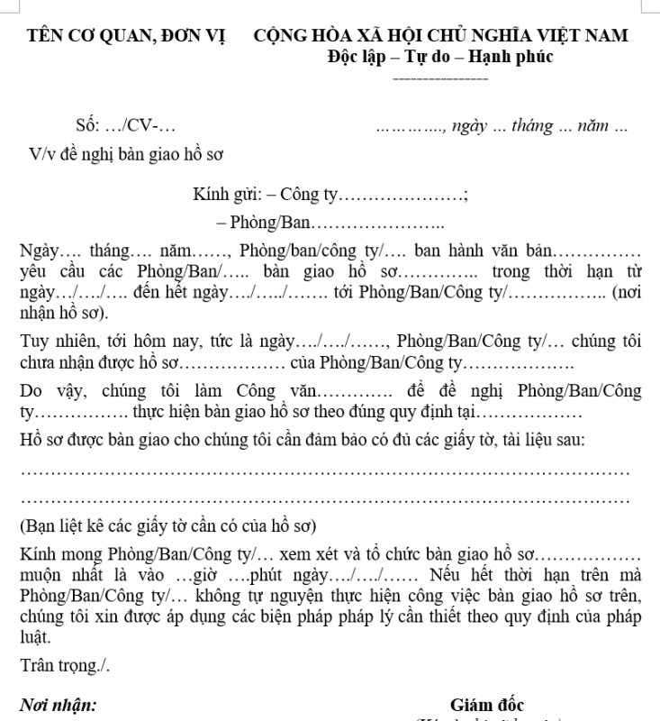 Mẫu công văn đề nghị bàn giao hồ sơ