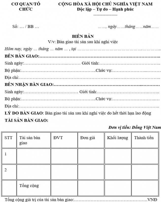 Mẫu biên bản bàn giao tài sản khi nghỉ việc