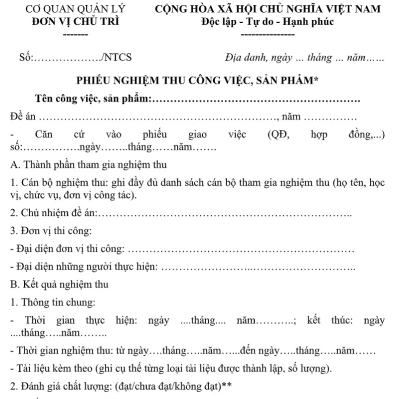 Mẫu phiếu nghiệm thu công việc, sản phẩm (nghiệm thu cấp cơ sở)