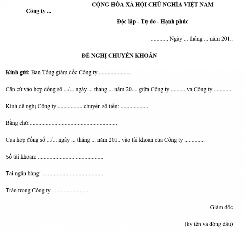 Mẫu giấy đề nghị chuyển khoản