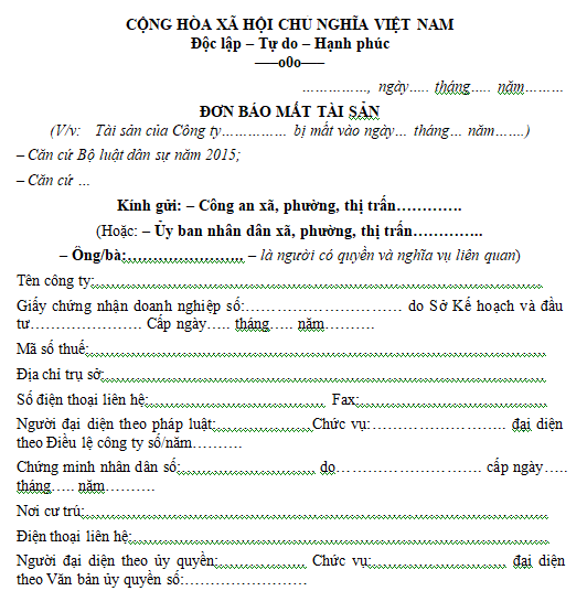 Mẫu đơn báo mất tài sản công ty