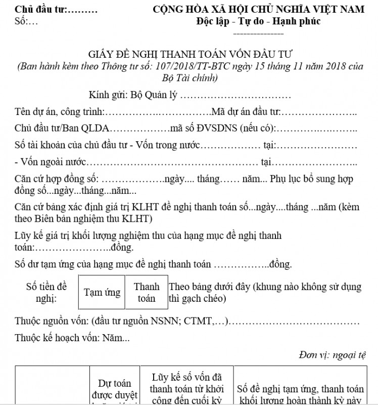 Mẫu giấy đề nghị thanh toán vốn đầu tư của chủ đầu tư