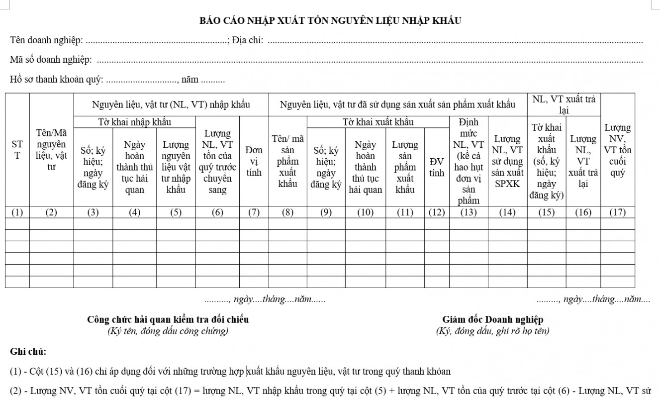 Mẫu báo cáo nhập xuất tồn nguyên liệu nhập khẩu