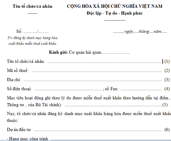 Mẫu công văn đăng ký danh mục hàng hóa xuất khẩu miễn thuế
