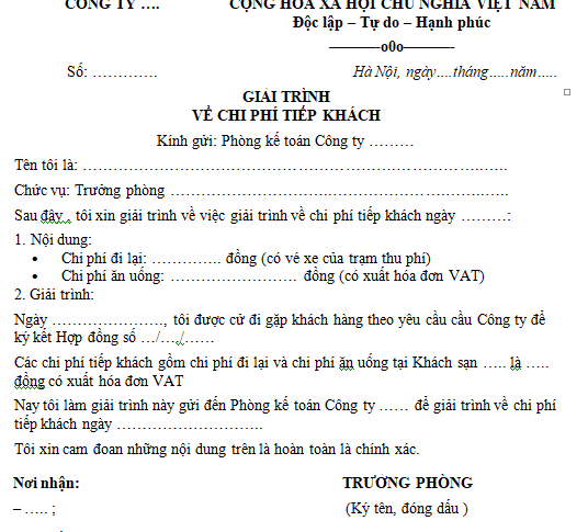 Mẫu giải trình về chi phí tiếp khách