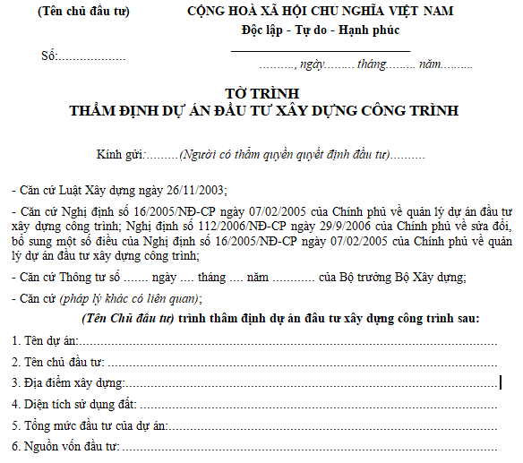 Mẫu tờ trình thẩm định dự án đầu tư xây dựng công trình