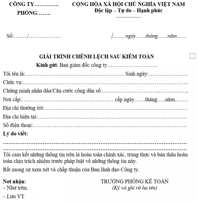 Mẫu giải trình chênh lệch sau kiểm toán