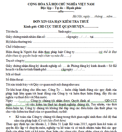 Mẫu đơn xin gia hạn kiểm tra thuế