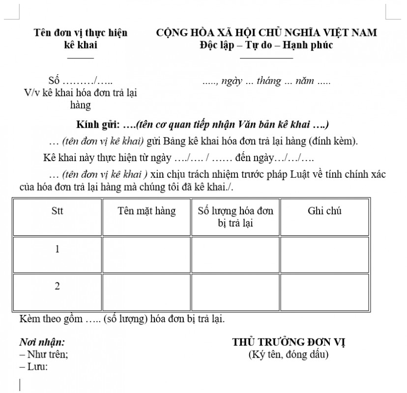 Mẫu kê khai hóa đơn trả lại hàng