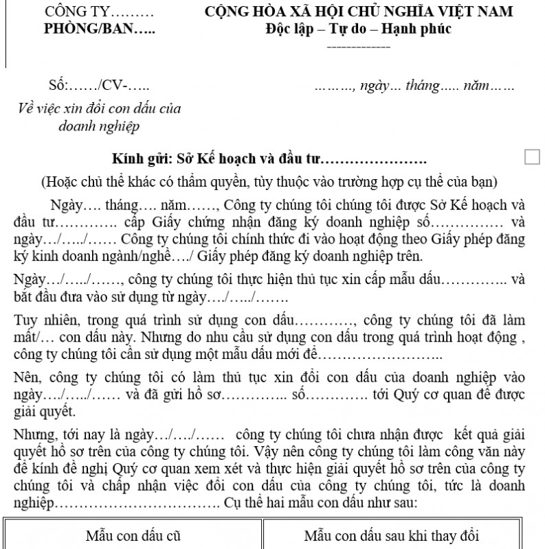 Mẫu công văn xin đổi con dấu của doanh nghiệp