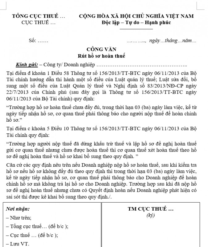 Mẫu công văn rút hồ sơ hoàn thuế mới
