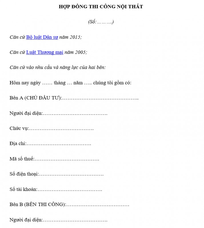 Mẫu hợp đồng thi công nội thất