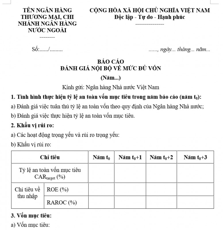 Mẫu báo cáo đánh giá nội bộ về mức đủ vốn