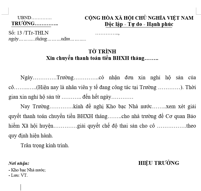 Tờ trình xin chuyển thanh toán tiền BHXH