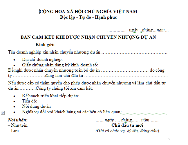 Mẫu bản cam kết khi được nhận chuyển nhượng dự án
