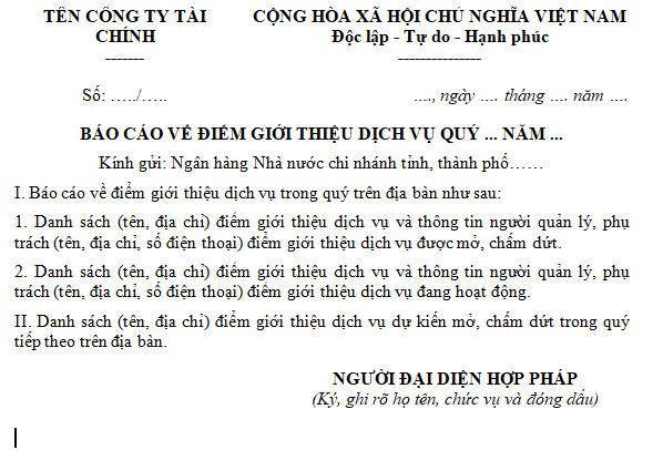 Mẫu BC về điểm giới thiệu dịch vụ với Ngân hàng Nhà nước