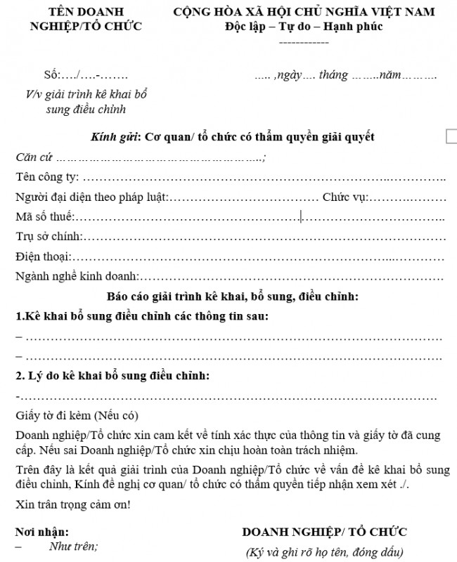 Mẫu giải trình kê khai bổ sung điều chỉnh