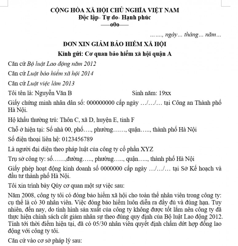 Mẫu đơn xin giảm bảo hiểm xã hội