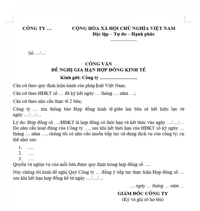 Mẫu công văn đề nghị gia hạn hợp đồng kinh tế