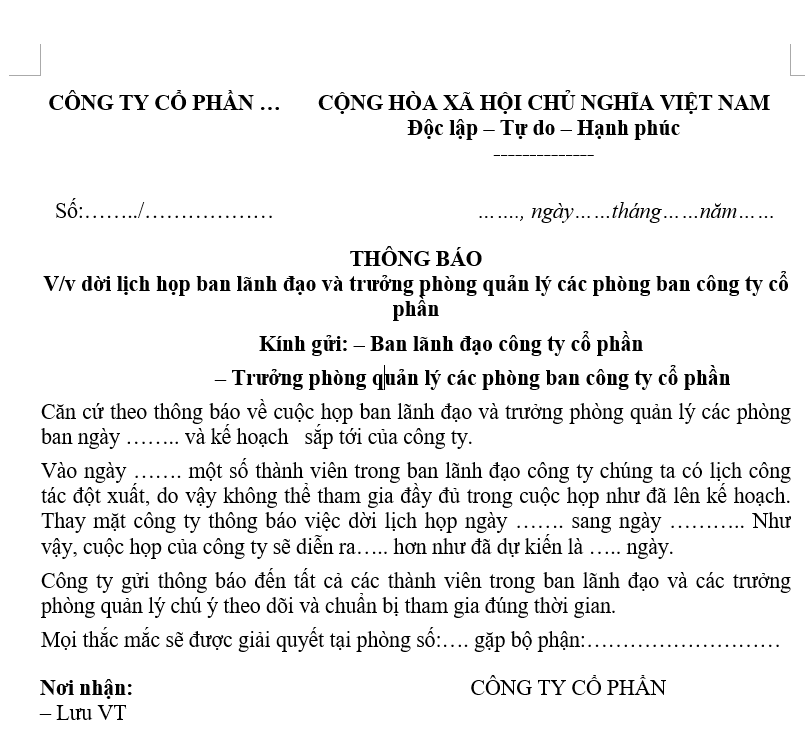 Mẫu thông báo dời lịch họp