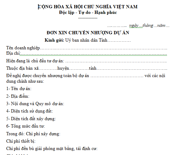 Mẫu đơn xin chuyển nhượng dự án